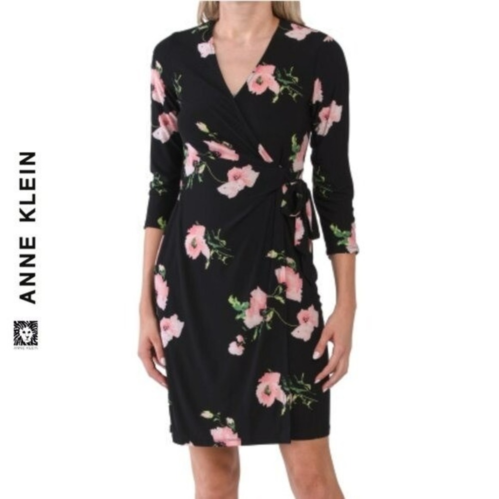 (CL) Anne Klein Womens Black Pink Floral Wrap Dress 8 3/4 Sleeve Knee Length